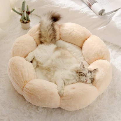 Picture of Happy & Polly Flower Shaped Cat Bed, Plush Round Pet Bed for Cats and Small Dogs (Pink, Large)