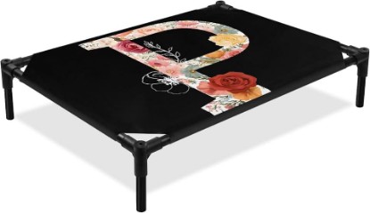 Picture of Black Letter P Flower Elevated Dog Bed, Watercolor Alphabet P Pink Beige Floral Leaf Outdoor Raised Pet Bed for Dogs Cats, Portable Breathable Cooling Waterproof Pet Cot 28x22 Inch