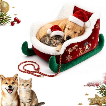 Picture of Christmas Sleigh Dog Bed with Non Slip Base for Indoor and Outdoor，L | Christmas Sleigh Fun Calming Dog Cat Bed Highly Durable Plush Synthetic Fur & Machine Washable