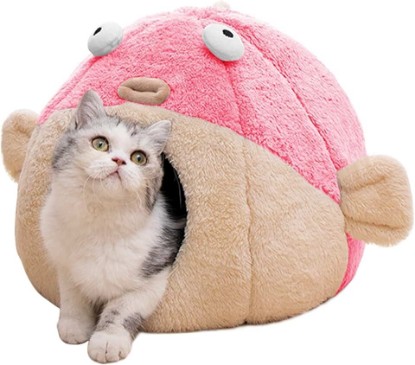 Picture of Cat Beds for Indoor Cats-Cat Bed Cave,Cute Lively Pufferfish Shape,Pink M | 2 in 1 Cats House for Kitten with Removable Washable Cushioned Pillow,Soft plush cat Tent for cat Hideaway,Machine Washable