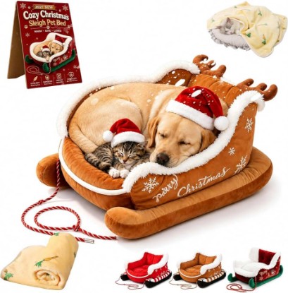 Picture of Christmas Dog Bed, Santa Sleigh Dog Bed with Non Slip Base, Washable Holiday Themed Pet Bed for Small Medium Dogs and Cats, Plush Filled Winter Pet Sleigh Bed，#B：L