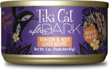 Picture of Tiki Cat After Dark Pate Wet Cat Food, Venison & Beef Liver, 3 oz. Cans | 12 Count Pack, Wet Cat Food, Pâté, High Protein, Real Venison and Beef Liver, Organ Meat, Novel Protein, 3 oz Cans, 12 Pack