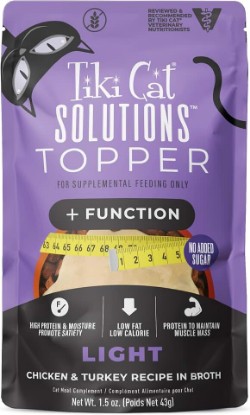Picture of Tiki Cat Solutions Cat Food Topper Light Chicken & Turkey, 1.5 oz. Pouch | Functional Cat Food Topper, Light, Optimal Weight, Real Chicken & Turkey, Low Calorie, Add Protein to Dry Cat Food, 1.5 oz.