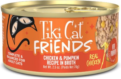 Picture of Tiki Cat Friends Wet Cat Food, Chicken & Pumpkin, 2.5 oz. Cans, 12 Count | High Moisture Can, Adult Formula, Minced Texture, Natural Hydration, Real Chicken First, Grain-Free, Friends Series