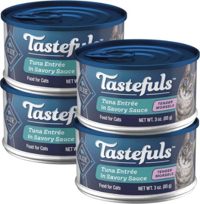 Picture of Blue Buffalo Tastefuls Wet Food for Adult Cats, Made with Natural Ingredients, Tuna Entrée, Tender Morsels in Gravy, 3oz Cans, 4Pack Trial Size