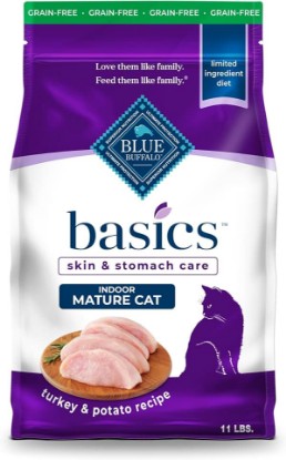 Picture of Blue Buffalo Basics Turkey Mature Grain-Free Dry Cat Food, 11 lb | Skin & Stomach Care, Real Turkey #1 Ingredient, Limited Ingredient Diet, Antioxidant-Rich LifeSource Bits, Skin & Coat Health