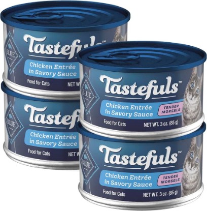 Picture of Blue Buffalo Tastefuls Wet Food for Adult Cats, Made with Natural Ingredients, Chicken Entrée, Tender Morsels in Gravy, 3oz Cans, 4Pack Trial Size