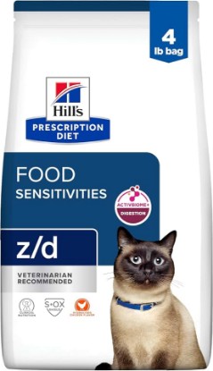 Picture of HILL'S PRESCRIPTION DIET z/d Skin/Food Sensitivities Dry Cat Food | #1 Veterinarian Recommended, Hydrolyzed Chicken Recipe, 4 lb. Bag