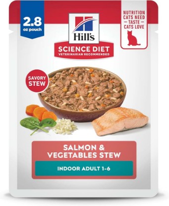 Picture of Hill's Science Diet Adult 1-6 Indoor Wet Cat Food | #1 Veterinarian Recommended, Salmon & Vegetables Stew, 2.8 oz. Pouches, 24-Pack