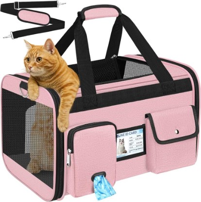 Picture of HUANLANG Large Cat Carrier Soft Sided Travel Pet Carrier Airline Approved | Dog Carriers for Small Dogs Medium Cats,Collapsible,3 Storage,zipper lock,Reflective strips,Luggage Strap, Up to 15 L,Pinkbs