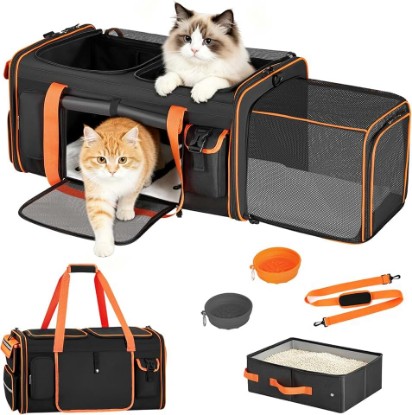 Picture of Expandable Cat Carrier for 2 Cats, Soft-Sided Large Dual Carrier | Portable Litter Box, 2 Foldable Food Water Bowls, Removable Divider, Detachable Cozy Pad