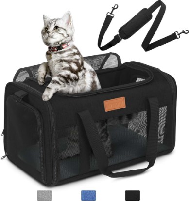 Picture of Petux Airline Approved Pet Carrier for Small Cats up to 12 lb, Black | 17x11x9.5 in, Underseat, Top & Side Entry, Soft Sided Cat Carrier with Breathable Anti-Scratch Mesh for Travel & Vet