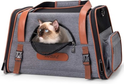 Picture of Premium Pet Carrier for Cat, Carry Purse with Head Hole, Seatbelt Buckles | High Qualiy Leather, Medium to Large Cat up to 20lbs, Small Puppy Dog 10lbs Car Travel Crate, Top & Side Load, Luggage Sleeve