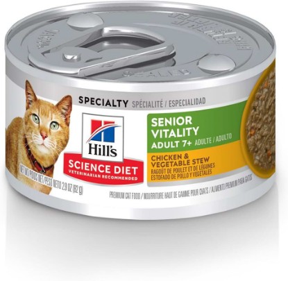 Picture of Hill's Science Diet Adult 7+ Senior Vitality Wet Cat Food | #1 Veterinarian Recommended, Chicken & Vegetable Stew, 2.9 oz. Cans, 24-Pack