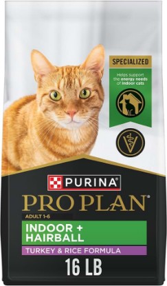 Picture of Purina Pro Plan Hairball Management Indoor Dry Cat Food, Turkey, 16 lb Bag | Real Turkey & Rice, high-protein with natural prebiotic fiber for digestive support and natural fiber for hairball control