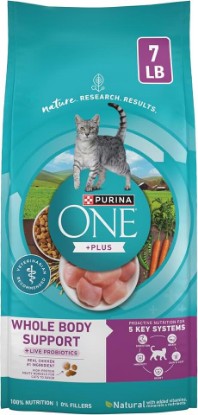 Picture of Purina ONE Plus Whole Body Support Chicken Dry Cat Food 7 lb Bag | High protein cat food with live probiotics, taurine, vitamin E, choline and omega-6 fatty acids for whole body support