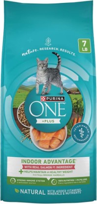 Picture of Purina ONE Indoor Advantage Weight Control Cat Food, Salmon, 7 lb Bag | High protein, real salmon recipe to help maintain a healthy weight, a strong immune system, and minimize hairballs