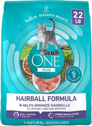 Picture of Purina ONE Natural Hairball Control Dry Cat Food, 22 lb Bag | Real chicken high fiber formula with added vitamins and minerals for overall health for adult cats and minimizes hairballs