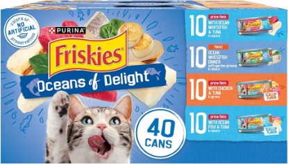 Picture of Purina Friskies Oceans of Delight Wet Cat Food Variety Pack, (40) 5.5 oz | Flaked and Prime Filets recipes with real fish or poultry, chunky wet cat food in gravy in four delicious flavors