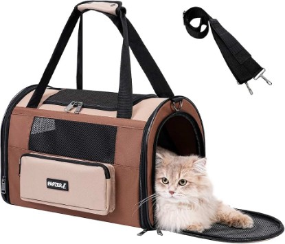 Picture of Collapsible Small Pet Carrier for Cat 15 lbs with Fashion Pocket Travel Bag | Lightweight Sturdy Little Puppy Dog Carry Crate, Breathable Stylish Kitten Soft Cage Kennel, Portable Yorkie Box Khaki