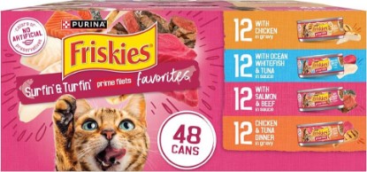 Picture of Purina Friskies Prime Filets Cat Food Variety Pack, 48 Ct Cans | Surfin' and Turfin' favorites in a savory gravy, made with real meat, poultry and seafood. 100% balanced nutrition
