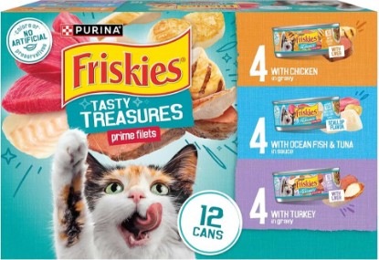 Picture of Friskies Purina Tasty Treasures Cat Food, Prime Filets Variety, (12) 5.5 oz | Chicken and tuna, chicken, ocean fish and turkey wet cat food in gravy or sauce, 100% complete & balanced for adult cats