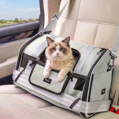 Picture of Soft-Sided Travel Cat Carrier with Safety Buckles, Lockable Zippers & Safety Tether, Escape-Proof Collapsible Pet Carrier for Car Rides & Vet Visits, Airline Approved Underseat, Up to 12lbs