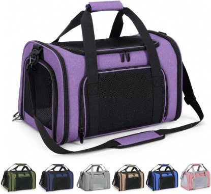 صورة Pet Carrier for Cats and Small Dogs Up to 15 lb,Purple, Medium | 17 x 11 x 11 in, Airline-Compatible, Safety Leash, Luggage Sleeve, Foldable
