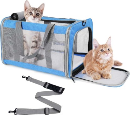 صورة Pet Carrier for Large Cats of 16 Lbs, Collapsible Carrier Bag for Medium Cat or Kittens,Soft Sided Puppy Carrier with Sturdy Travel Transport Strap, Adequate Ventilation, 4 Mesh Windows (Blue)