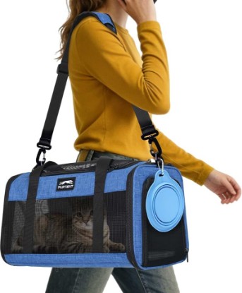 صورة Pet Carrier Airline Approved, Soft Sided Cat Carrier for Small Pets up to 13 lbs, TSA Approved Dog Travel Bag, Portable Soft Sided Pet Carrier for Kittens and Puppies (Blue, Folding Bowl)