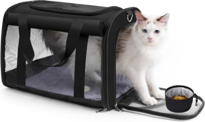 Picture of TWDEPART Cat Carrier Backpack - Multifunctional, Firm & Foldable with Roll-Up Shade, Breathable Design Includes Collapsible Bowl & Cushion (Black)