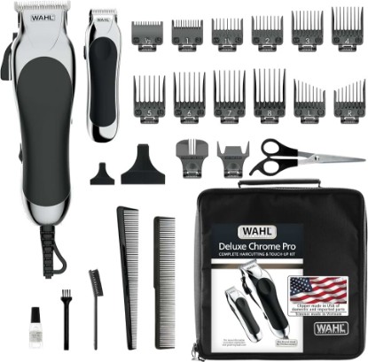 Picture of Wahl Clipper USA Deluxe Corded Chrome Pro Complete Hair & Trimming Kit | Complete Home Haircutting Kit Includes Corded Hair Clipper, Cordless Battery Beard Trimmer & Styling Shears - Model 3029682