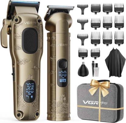 Picture of VGRPRO Hair Clippers for Men Professional, Cordless Clipper and Trimmer Set | 7000RPM Grooming Kit with EVA Case, LED display, 14 Guide Combs (including Right & Left Ear Taper Combs), Nose Trimmer Head