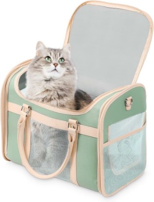 Picture of Luxury Mint Green PU Leather Pet Carrier Bag, Airline Compliant Portable Travel Crate with Breathable Mesh Panels & Shoulder Strap for Cats Small Dogs Travel & Vet Use