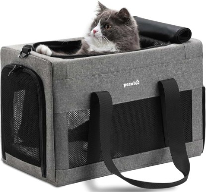 Picture of Pecute Airline Approved Cat Carrier, Pet Carrier Soft-Sided, Portable Dog Carrier with Stable Structure, TSA Approved Pet Carrier for Pets Less Than 12lbs, Cat Carrier Bag Suitable for Travel, Gray Recycled Claim Standard Blended