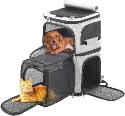 Picture of Expandable Cat Backpack Carrier for 2 Cats, Dog Backpack for 2 Small Pets Dogs, Cat Carrier for Large Cats Multiple Pets, 7 Windows ventilation, Built-in Frame Support Plate and Safety Straps Foldable