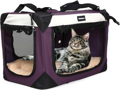 Picture of Large Cat Carrier, Collapsible Dog Travel Crate Portable Soft-Sided Pet Carrier with Super Soft Warm Plush Mat for Indoor and Outdoor 24x16x16in,Purple