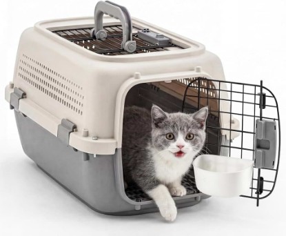 Picture of NEWBULIG 23" Hard-Sided Dog Carrier, Plastic Cat & Dog Crate, 4-Sided Ventilation Travel Pet Kennel, Top & Front Door Access, Integrated Food Bowl, for Small Pets up to 22 lbs, Beige & Grey