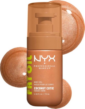 Picture of NYX PROFESSIONAL MAKEUP Fat Oil Body Oil in Coconut Cutie, Coconut Scented Body Glow Moisturizer With Vitamin E for 24HR Hydration and Glowing Skin, Golden Finish, Vegan & Cruelty-Free