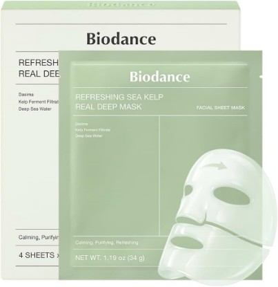 Picture of BIODANCE Refreshing Sea kelp Real Deep Mask, Overnight Hydrogel Face Mask, Calming, Oil & Sebum Control, Blemish Care, After Sun Care, Sunburn Relief, Korean Skin Care | 1.19oz(34g) x 4ea