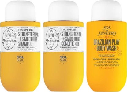 Picture of SOL DE JANEIRO Mini Ultimate Shower Bundle - Travel Sizes | Brazilian Play Moisturizing Shower Cream Gel Body Wash + Brazilian Joia Damage Repairing Shampoo and Conditioner Set