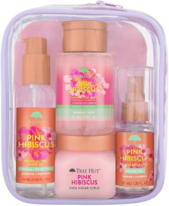 Picture of Tree Hut Pink Hibiscus Everything Shower Gift Set, 4 Piece Kit, Travel Size | Exfoliating Body Scrub, Body Wash, Shave Oil & Body Spray, Self Care Gift Set, Nourishing & Moisturizing with Shea Butter