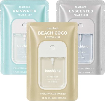 Picture of Touchland Dye Free Trio Hydrating Hand Sanitizer Spray Set Travel Size | TSA ready Power Mist with skincare benefits. Rainwater, Beach Coco and Unscented.