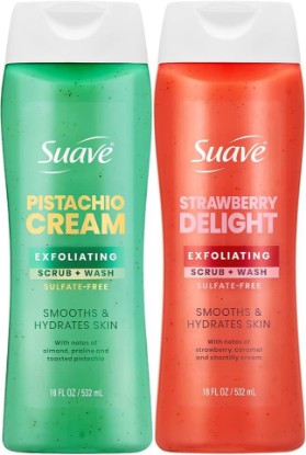 Picture of Suave Exfoliating Scrub + Wash Variety 2-Pack – Strawberry Delight & Pistachio Cream, Sulfate-Free Body Wash Set, 18 Oz Ea