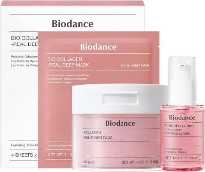 Picture of BIODANCE Collagen Pink Glow Trio: Collagen Real Deep Mask & Toner Pads & Peptide Serum for Plumping Hydration, Firming, Korean Skin Care, Skin Care Set