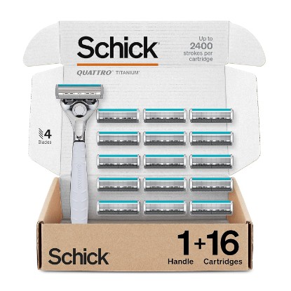 Picture of Schick Quattro Titanium 4-Blade Razors for Men, 1 Handle & 16 Refills | Titanium-coated mens razor blades, Smooth-gliding lubricating strip, Pivoting head contours face, Precision edging tool