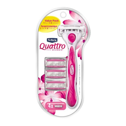Picture of Schick Quattro Womens Value Pack with 1 Razor and 4 Razor Blade Refills | Aloe and vitamin E conditioning strips, Pivoting head contours legs and body, Smooth shave for women, easy grip handle