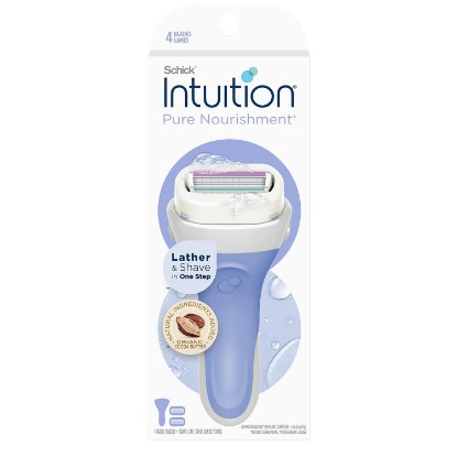 Picture of Schick Intuition Pure Nourishment Razors for Women | 1 Razor & 2 Intuition Razor Blades Refill with Organic Cocoa Butter | 4 blade womens razors, 3-in-1 lather shave moisturize, Moisturizing bar with cocoa butter, No shaving cream needed