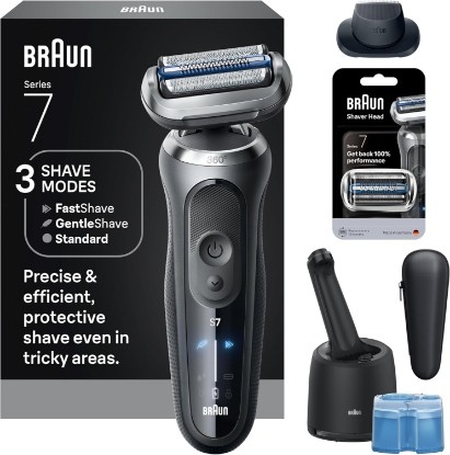 Picture of Braun Series 7 Electric Shaver for Men, Wet & Dry Foil Razor, 4-in-1 SmartCare Clean & Charge Center, Precision Trimmer Attachment, Replacement Shaver Head, Travel Case, Grey 7187ps