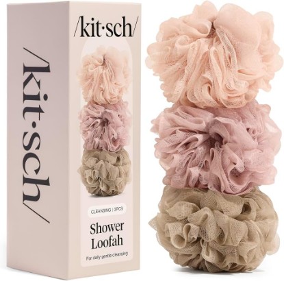Picture of Kitsch Shower Loofah – Soft Mesh Body Scrubber & Bath Sponge - 3pc Set | for Daily Gentle Cleansing – Durable Loofah for Men and Women with Hanging Loop – Eco-Friendly, 100% PCR Material